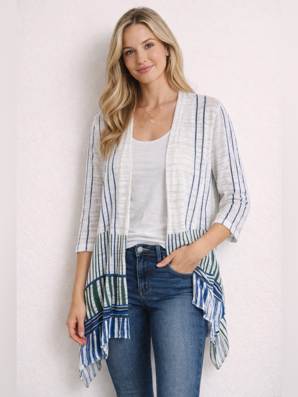 NIC+ZOE White and Blue Knit Linen Blend Cardigan XS Kimono